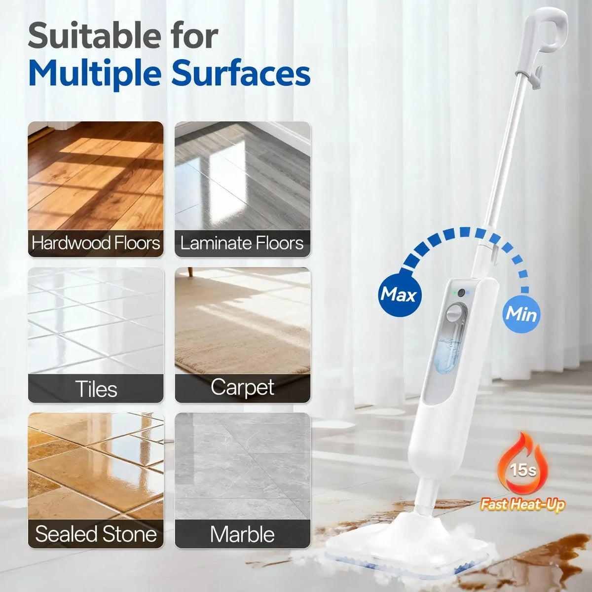 Steam cleaner with text indicating suitability for multiple surfaces like hardwood floors, laminate floors, tiles, carpet, sealed stone, and marble.