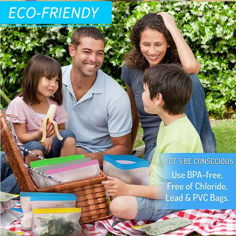 Family enjoying a picnic with eco-friendly products on a grassy area.