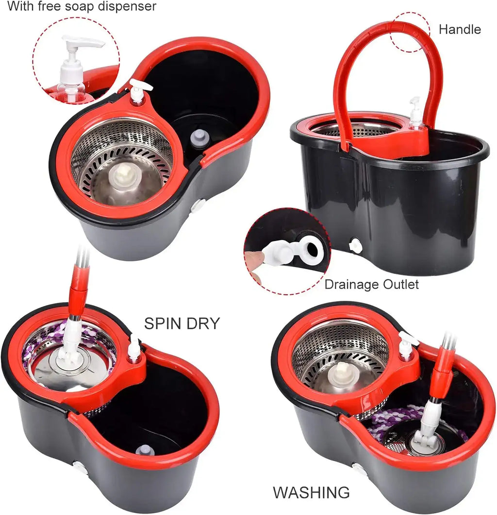 Red and black cleaning mop bucket with various components labeled on a white background