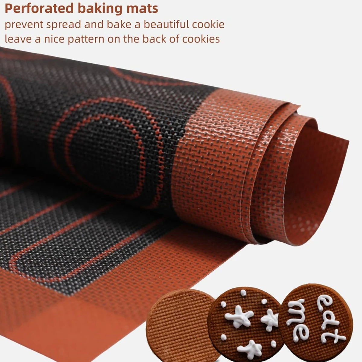 Roll of perforated baking mat with text and cookies on a white background