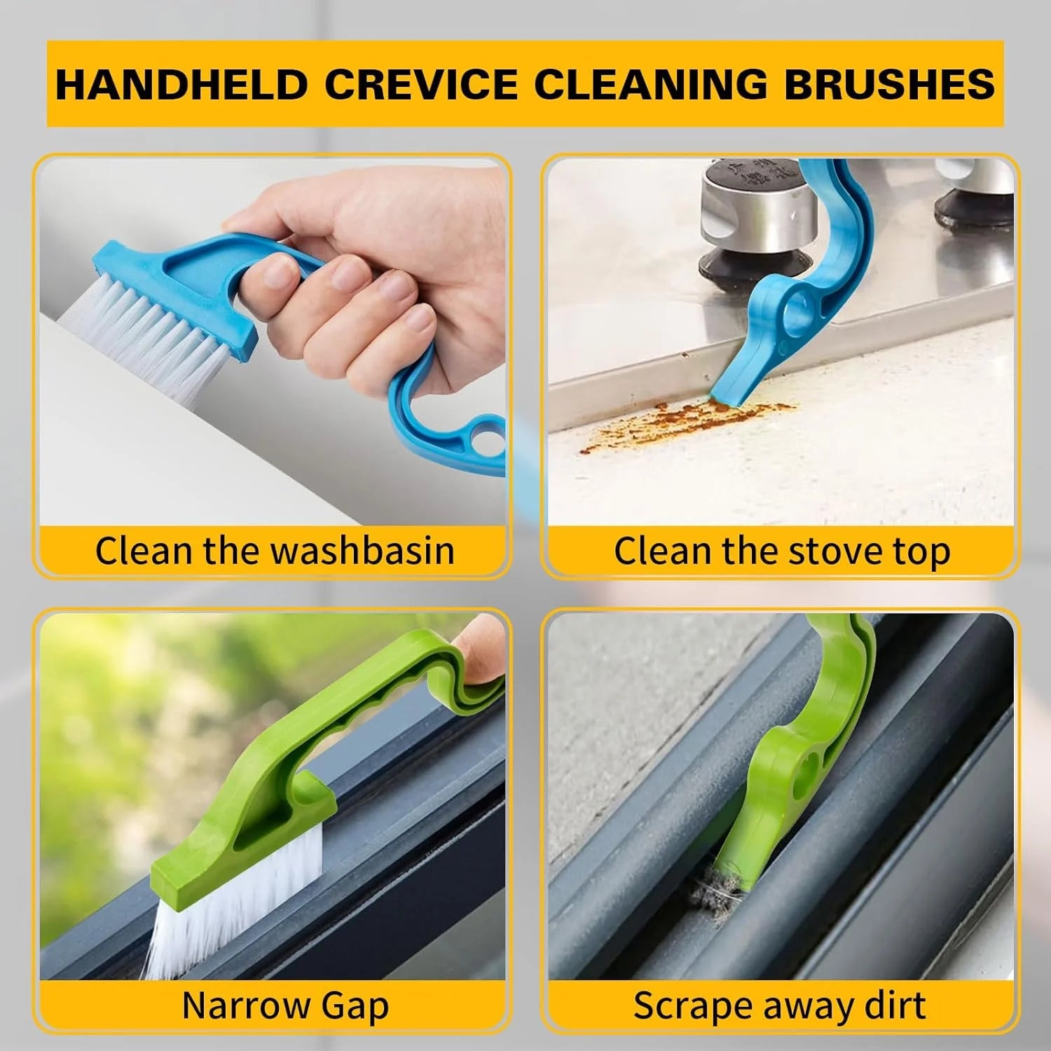 Handheld crevice cleaning brushes with examples of use on a washbasin, stove top, narrow gap, and scraping dirt.