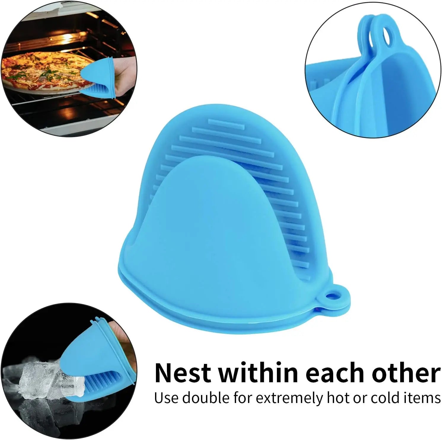 Blue silicone oven mitts with a pizza and oven in the background