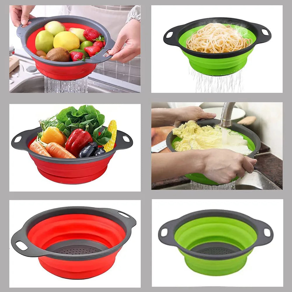 Collapsible silicone colanders in red, green, and black being used to drain fruits, vegetables, and pasta.
