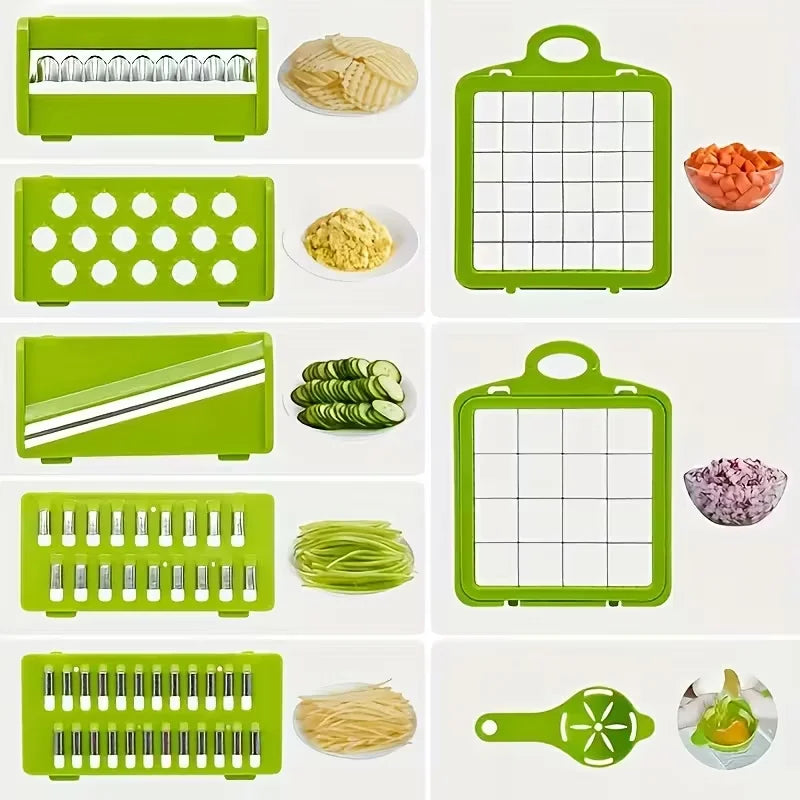 Set of green kitchen tools including a spiralizer, grater, and slicer with various food items on a white background.