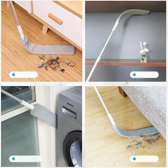 Multifunctional cleaning tool used on various surfaces including a wooden floor, glass window, and carpet.