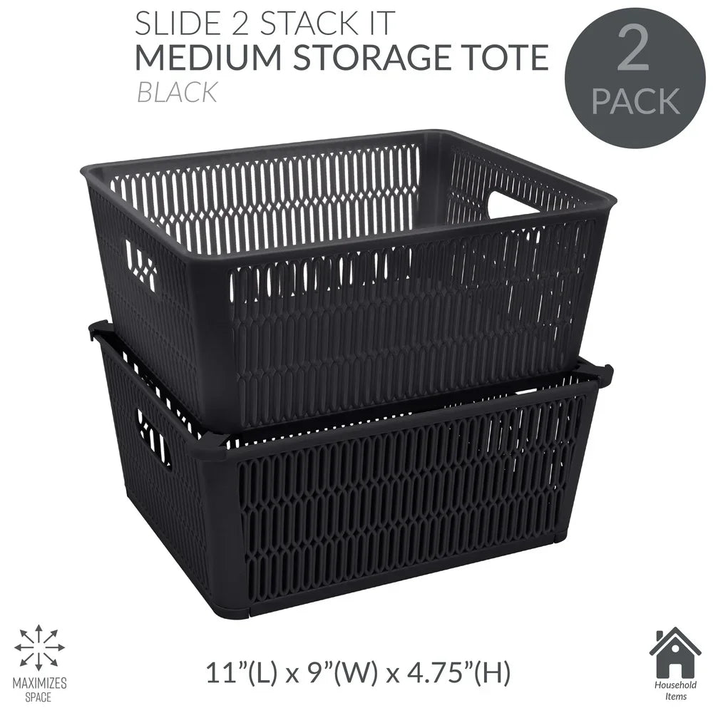 Two black storage tote baskets with text indicating 'Slide 2 Stack It' and 'Medium Storage Tote'.