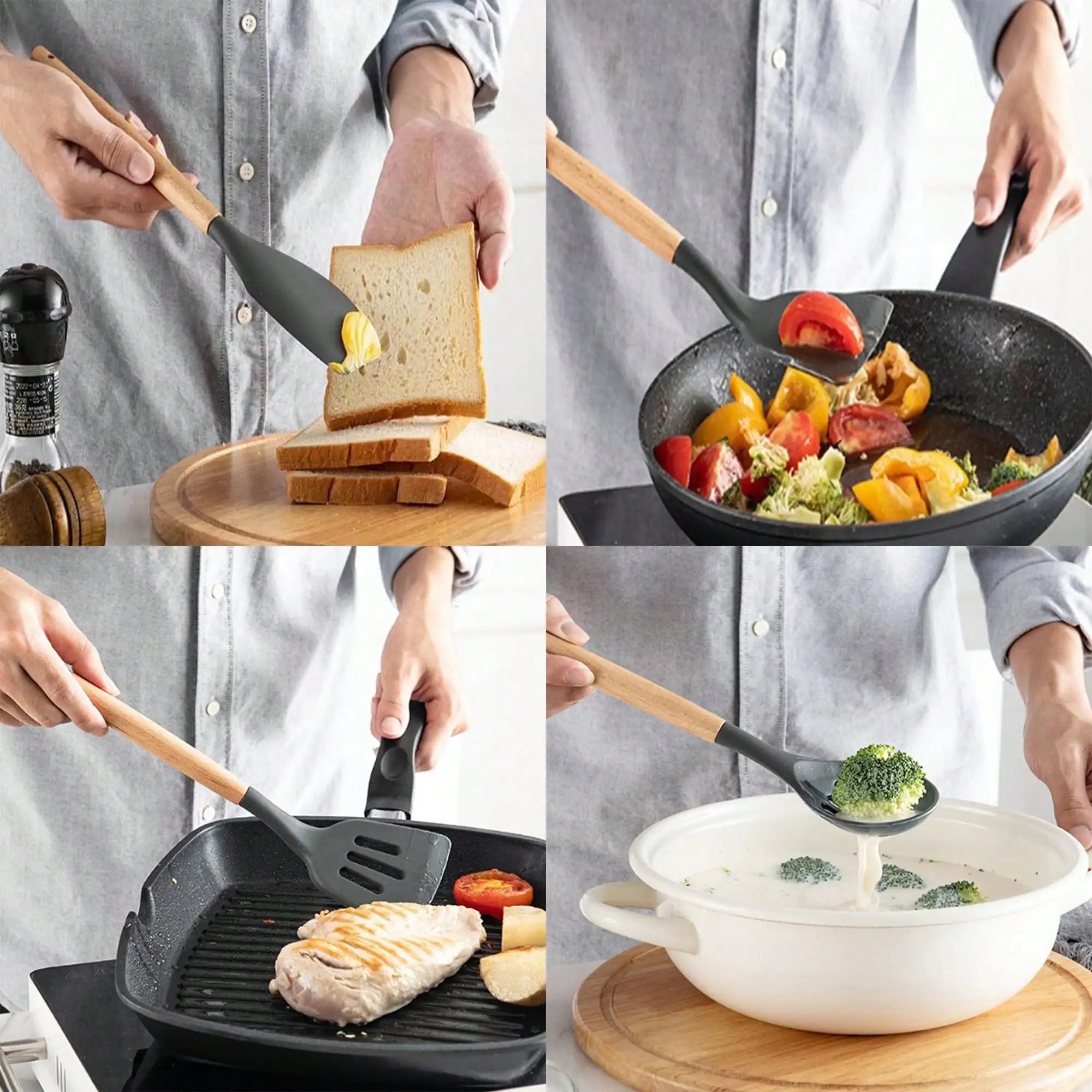 Collage of a person using a frying pan with various food items on a wooden cutting board.