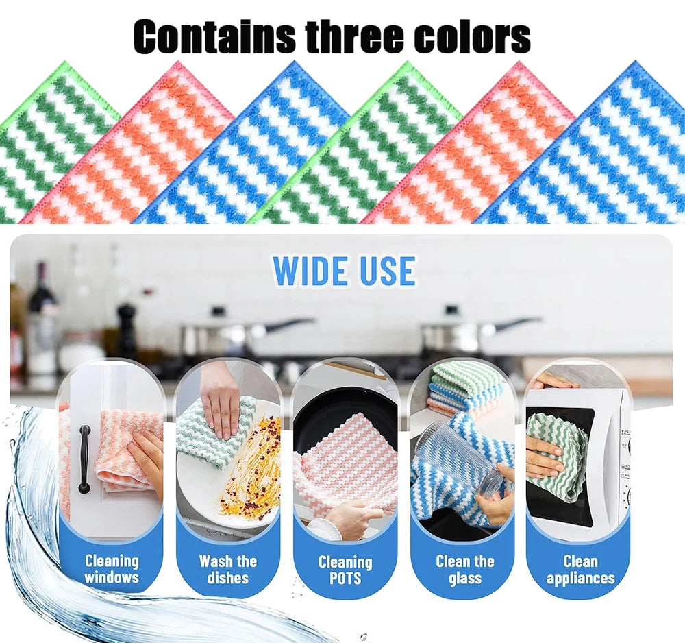 Multicolored cleaning cloths with text indicating their uses in a kitchen setting.
