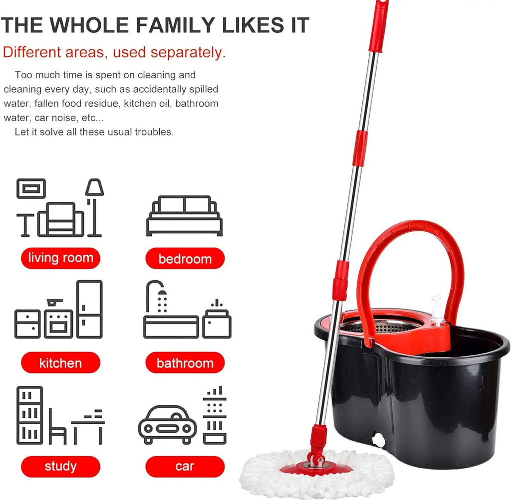 Red cleaning mop and bucket with icons indicating cleaning areas like living room, bedroom, kitchen, bathroom, study, and car.