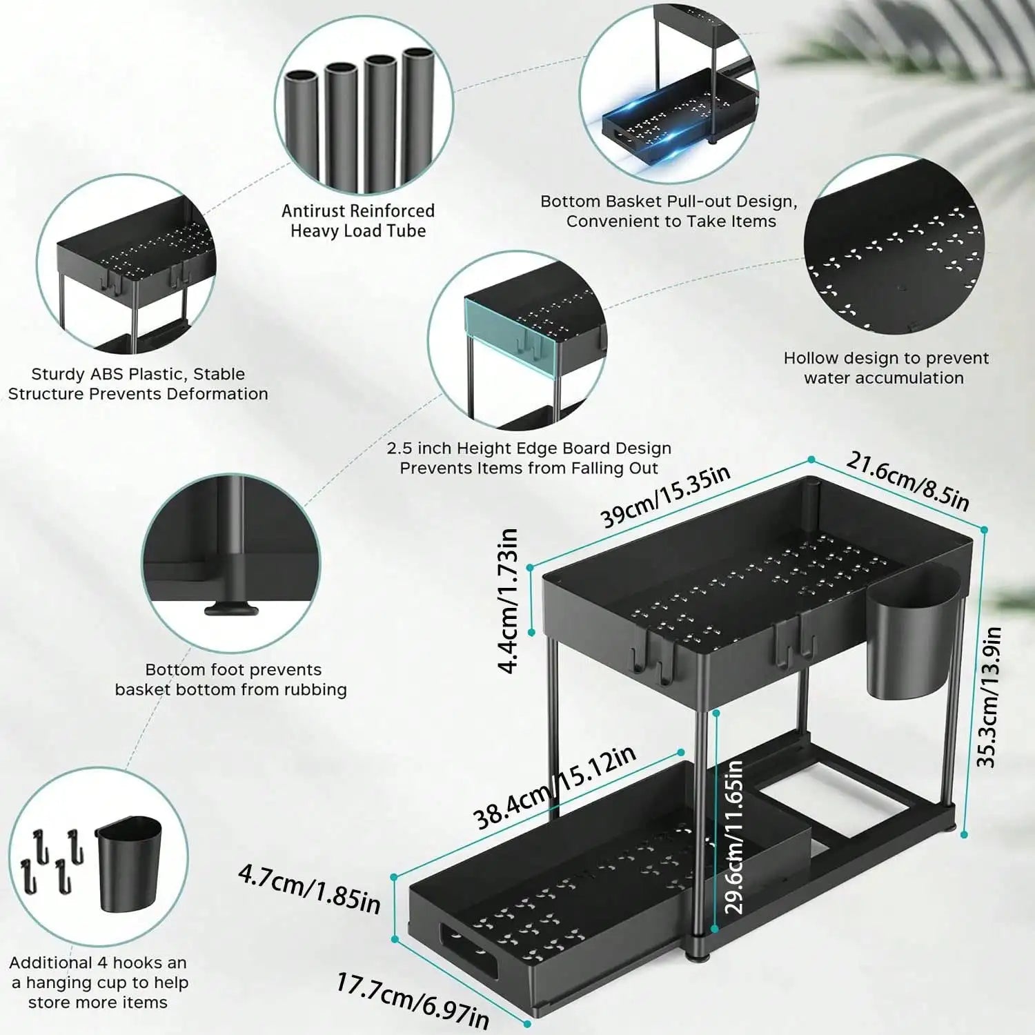 Black multi-tiered storage organizer with features highlighted on a white background