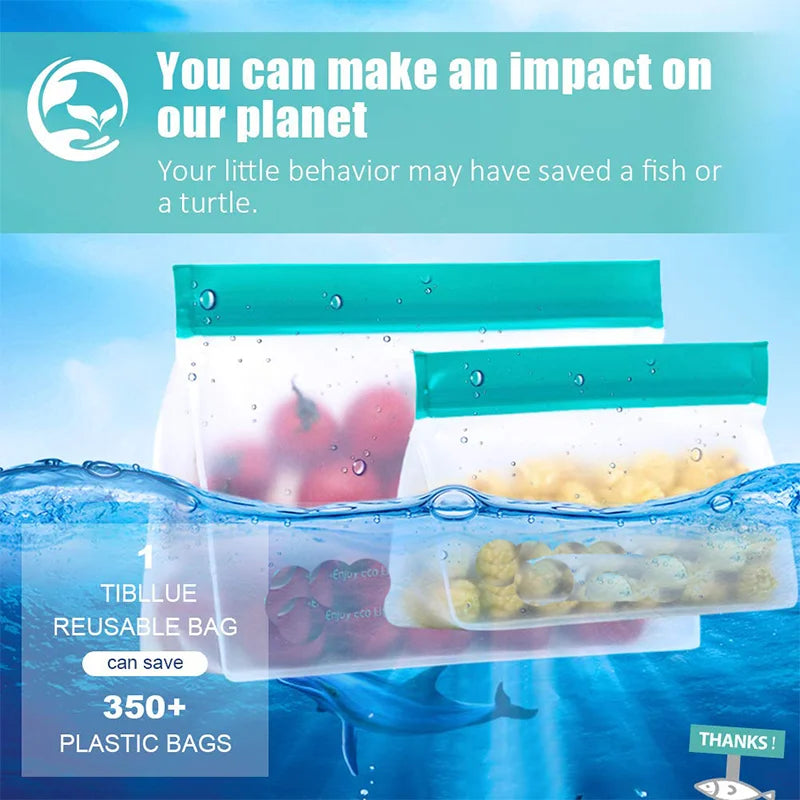 Reusable food storage bag with underwater scene and text about environmental impact