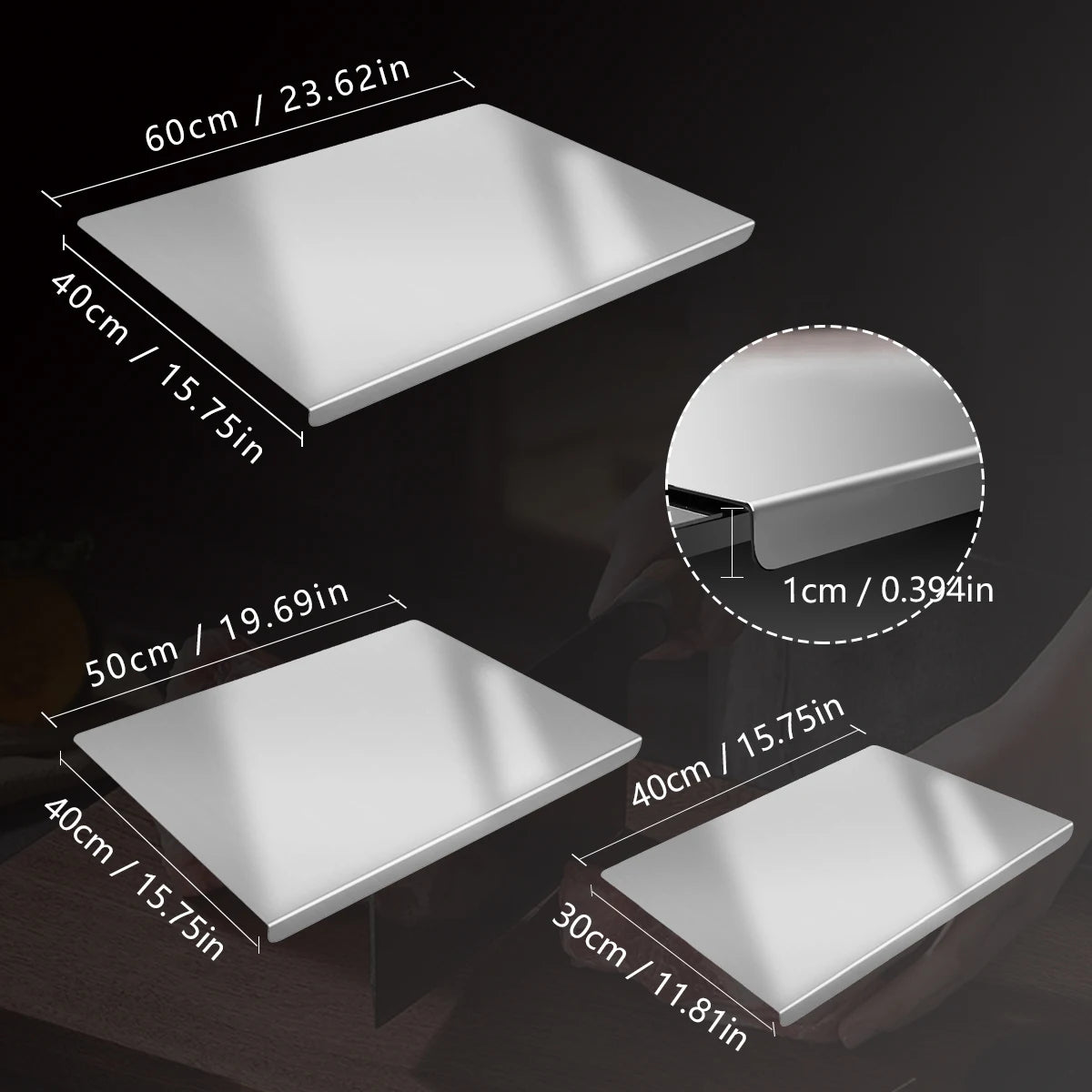 Rectangular metal sinks with dimensions labeled on a dark background