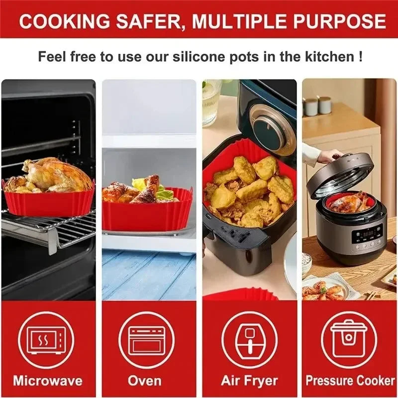 Silicone pots used in various kitchen appliances with text highlighting their versatility.