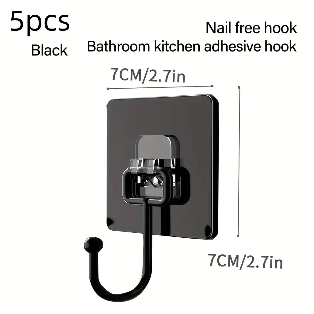Black adhesive hook with dimensions and product details on a white background