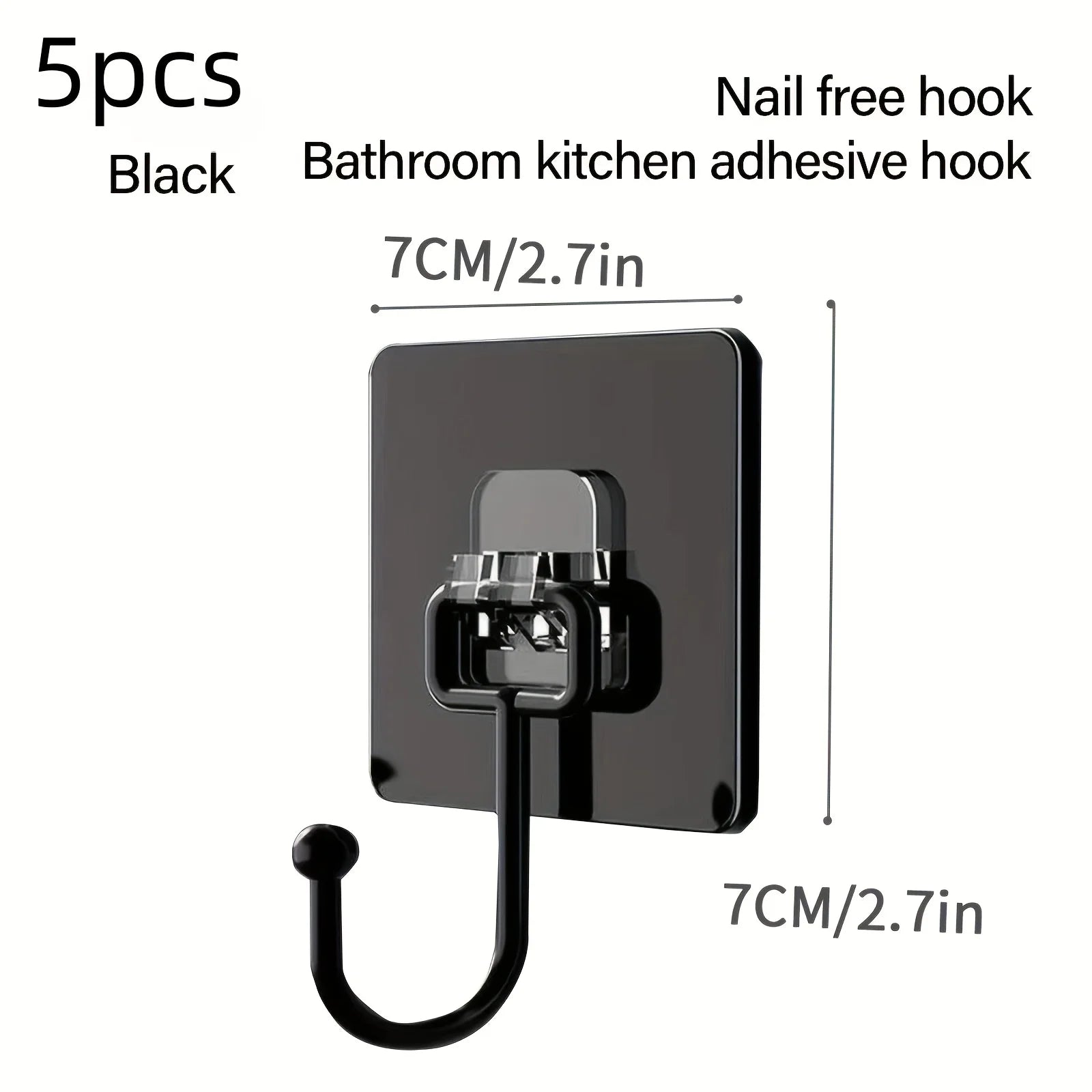 Black adhesive hook with dimensions and product details on a white background