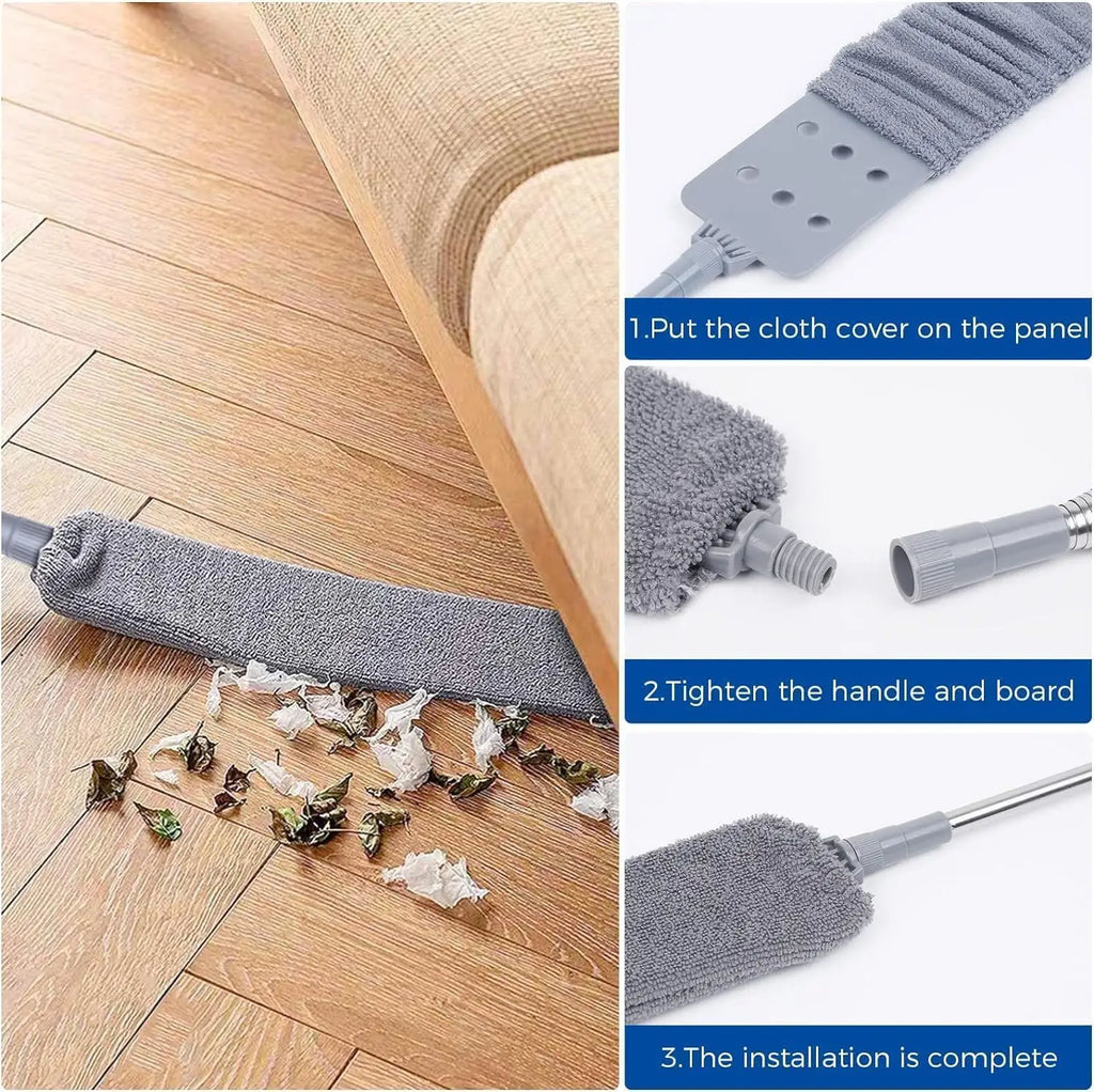 Cleaning tool with cloth cover being used on a wooden floor, with step-by-step instructions displayed.