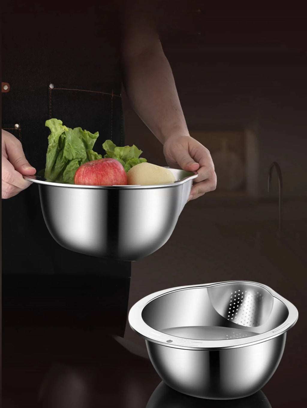 Stainless steel colander with vegetables held by hands, and another colander on a dark background.