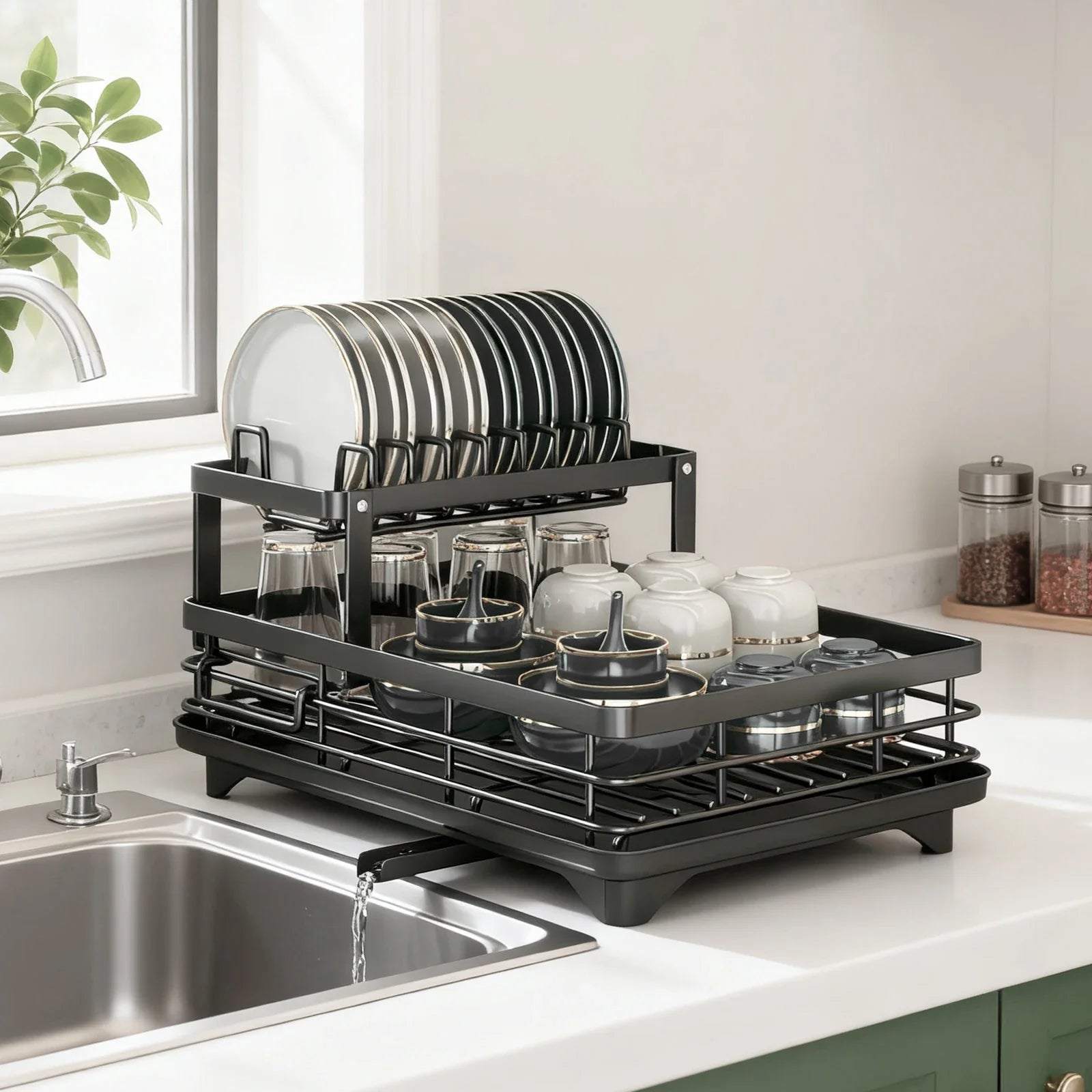 Black dish rack with dishes on a kitchen counter next to a sink