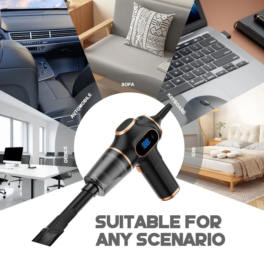 Black handheld vacuum cleaner with digital display in various settings including car, office, and bedroom.