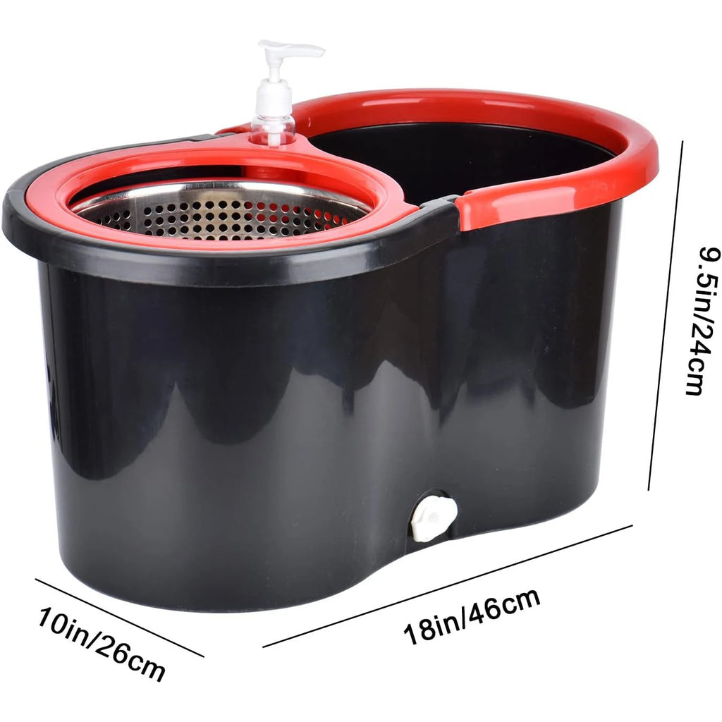Black cleaning bucket with red rim and measurements on a white background