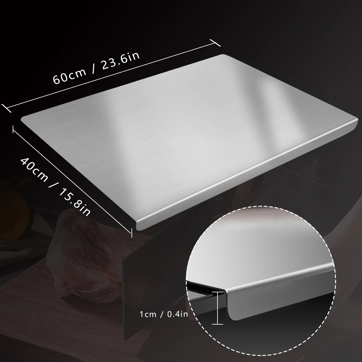 Rectangular metal sink with dimensions labeled on a dark background
