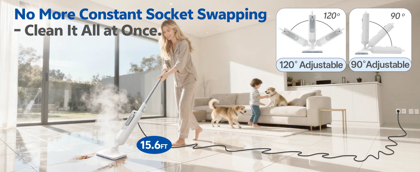Woman cleaning a floor with a steam cleaner, surrounded by a dog and child, with product features highlighted.