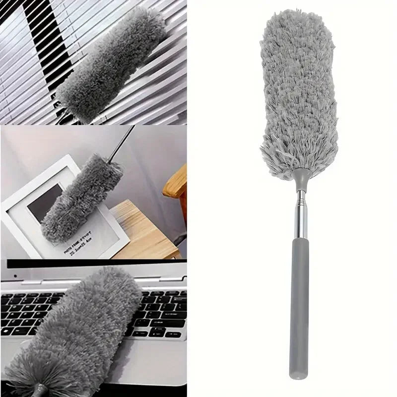 Cleaning duster being used on a laptop and computer screen with a white background