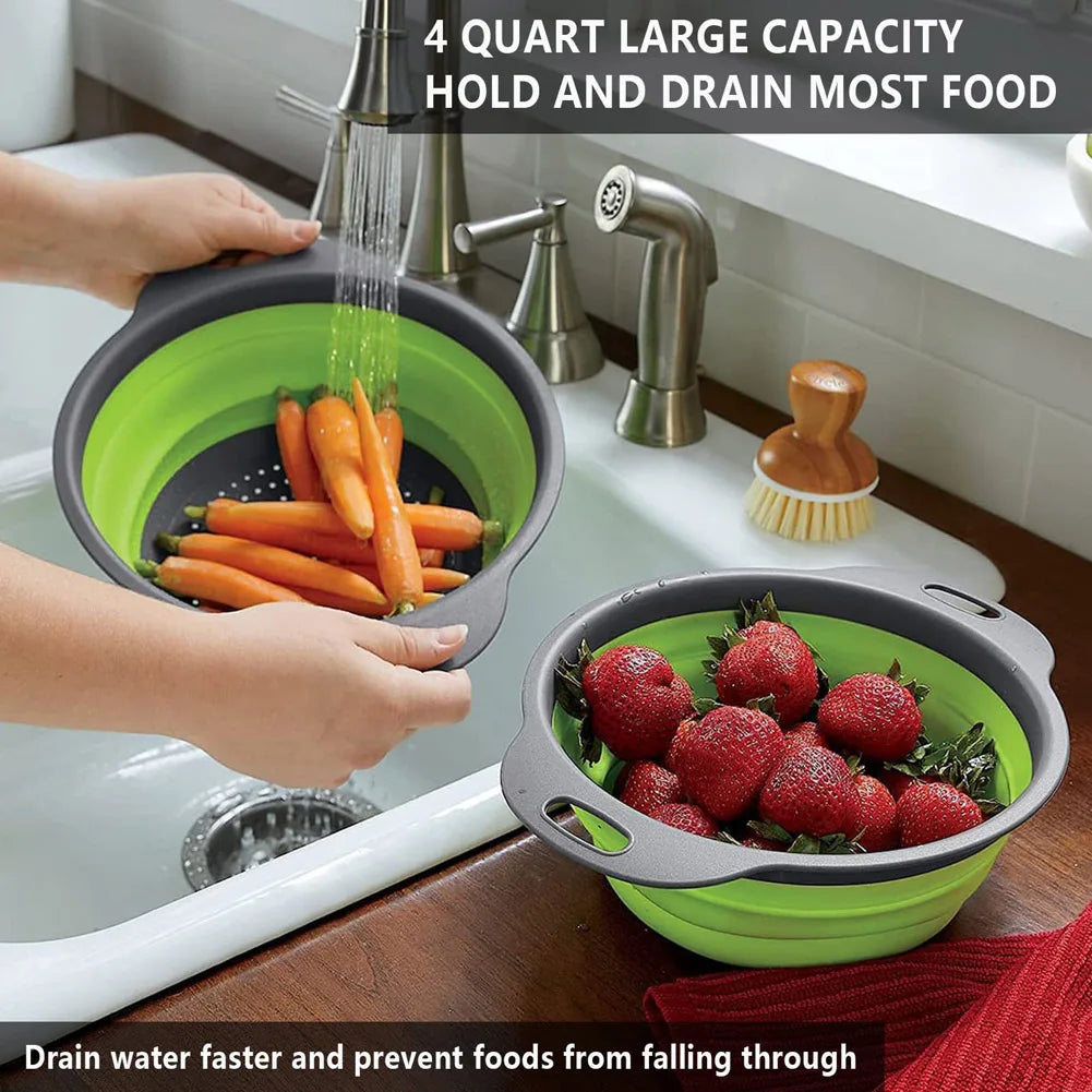 Collapsible colanders with carrots and strawberries in a kitchen sink, highlighting their large capacity.