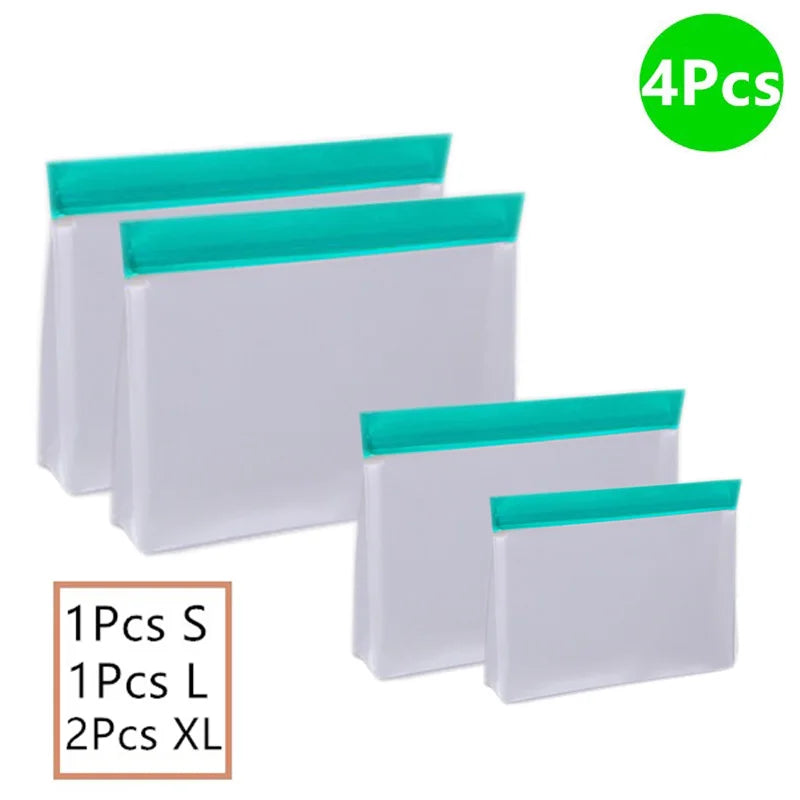 Four clear silicone food storage bags with teal edges on a white background, labeled with size and quantity.