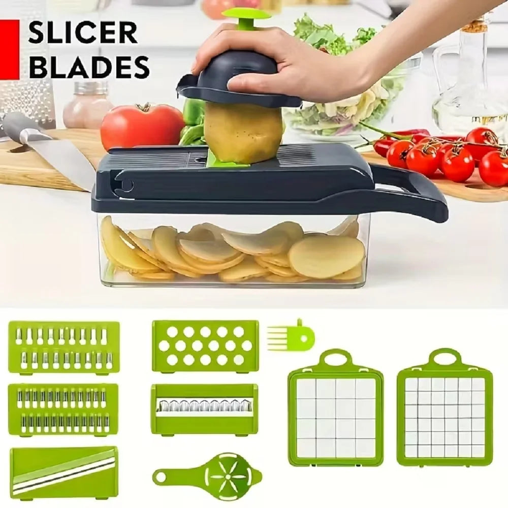 Vegetable slicer being used to slice an apple with additional attachments displayed below.