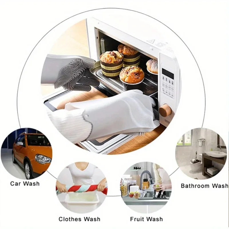 Multifunctional cleaning glove with various usage scenarios including car wash, clothes wash, fruit wash, and bathroom wash.