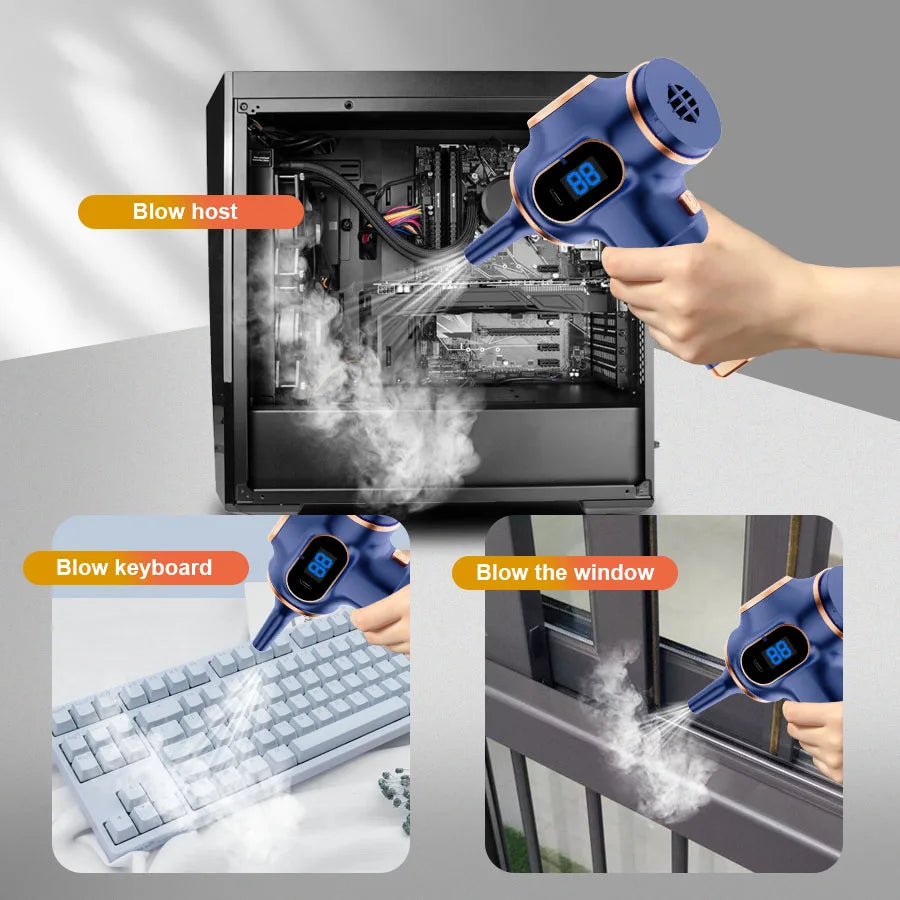 Person using a blue cleaning gun to clean a computer, keyboard, and window.