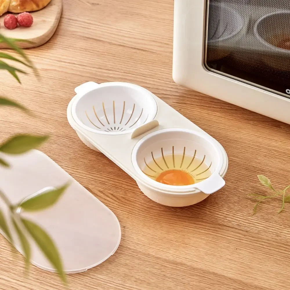 White egg separator on a wooden surface with a plant and kitchen items in the background
