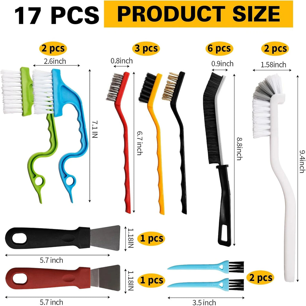 Set of 17 cleaning brushes with measurements on a white background