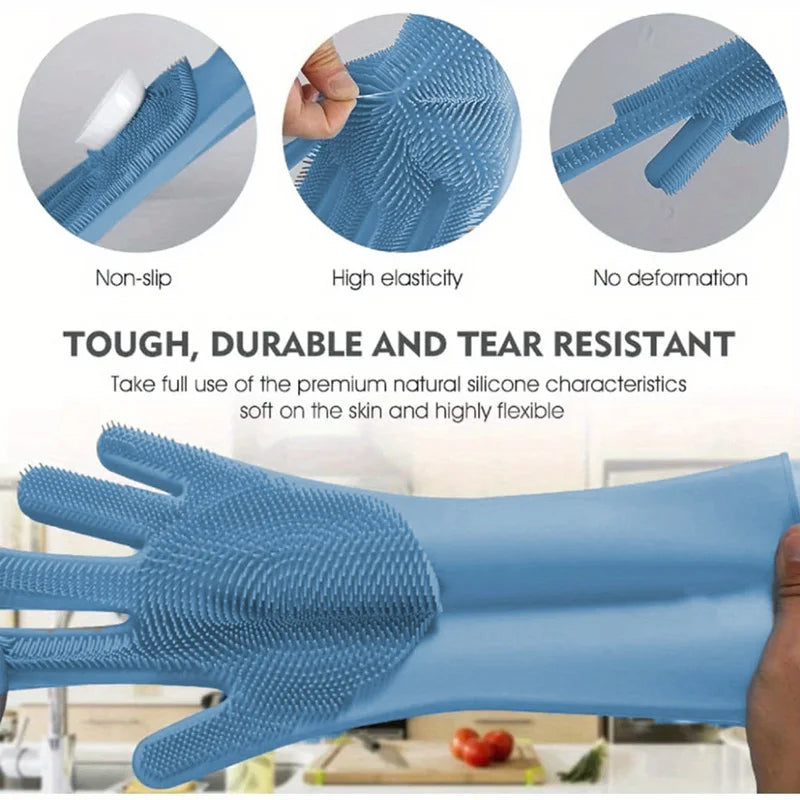 Blue silicone glove with features highlighted on a kitchen background
