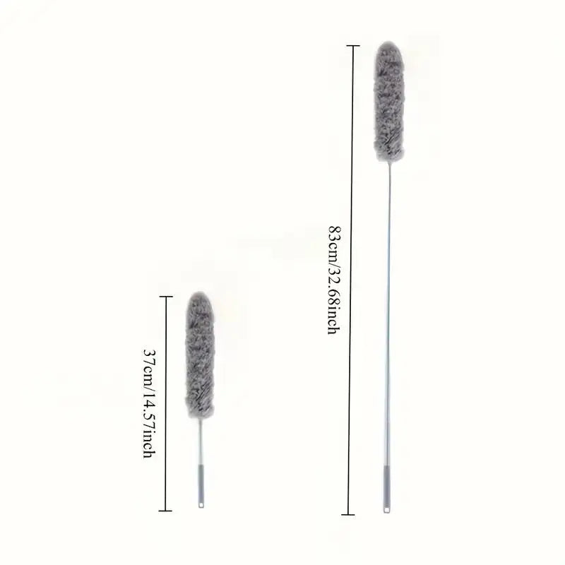 Two feather duster brushes with measurements on a white background