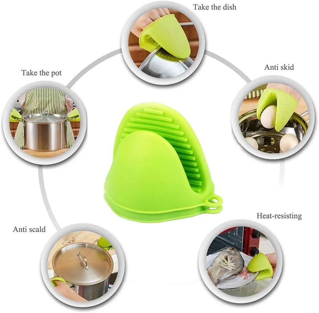 Green silicone pot holder with features highlighted on a white background