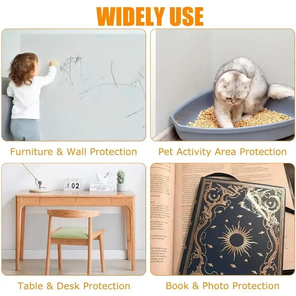 Collage showing furniture, wall, pet, table, and book protection with text 'Widely Use'.