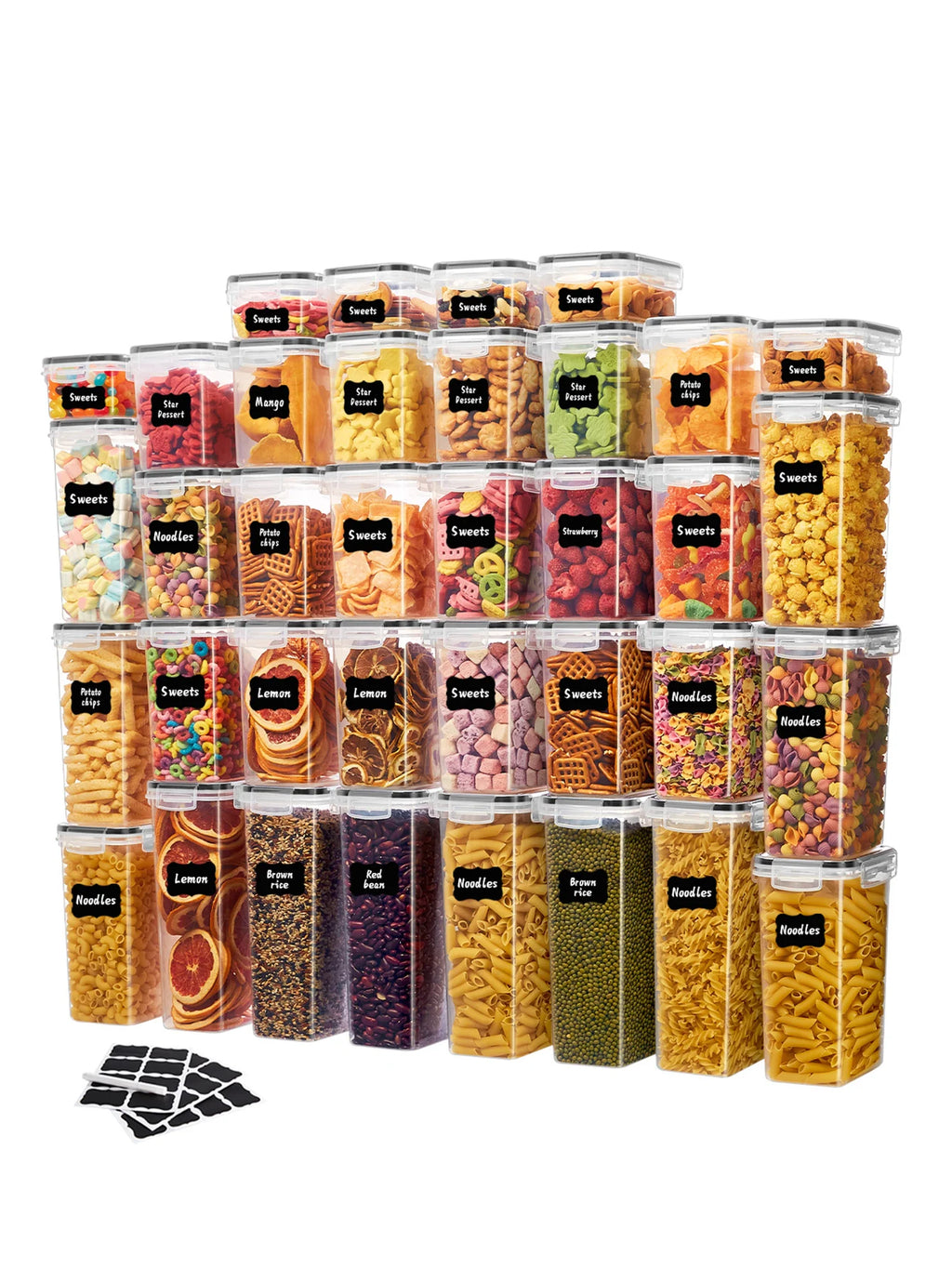 Set of transparent storage containers with food items and labels on a white background