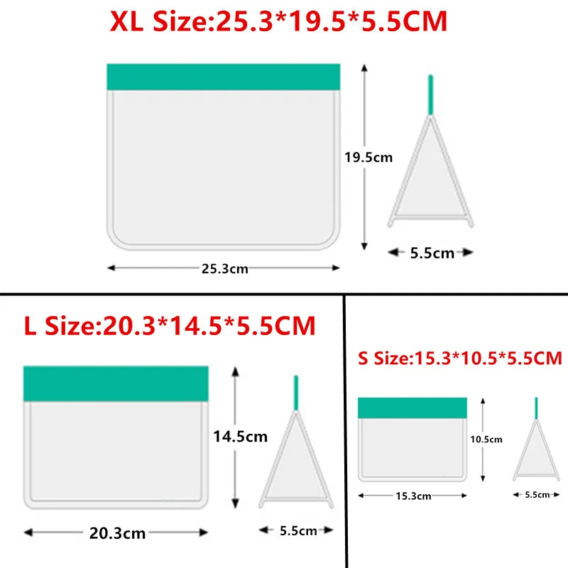 Measurement chart showing different sizes of clear bags with green tops on a white background.