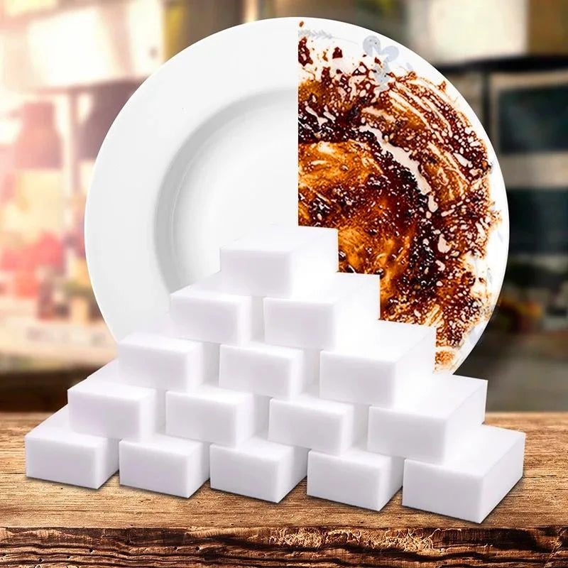 White foam sponges in front of a dirty plate with food residue.