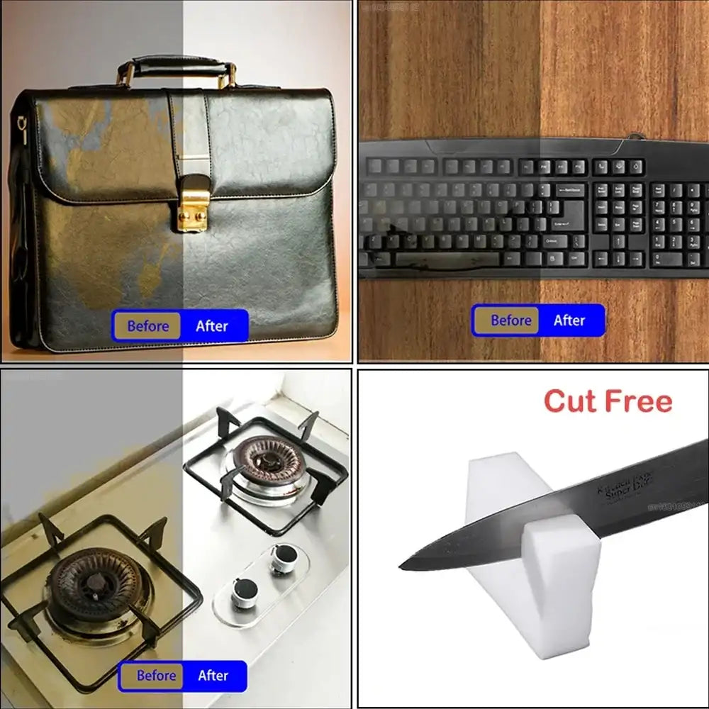 Before and after comparison of a briefcase, keyboard, stove, and knife sharpener.