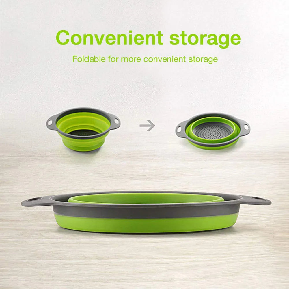 Collapsible green and gray bowls with text on a light background