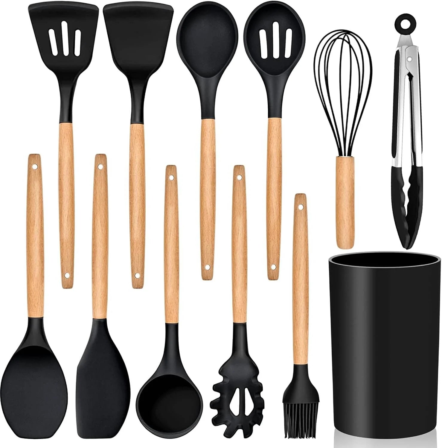 Set of black kitchen utensils with wooden handles and a black container on a white background