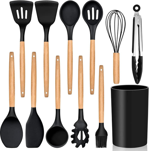 Set of black kitchen utensils with wooden handles and a black container on a white background