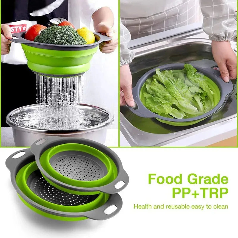 Collapsible green colander with food being washed and drained, labeled as food grade PP+TRP.