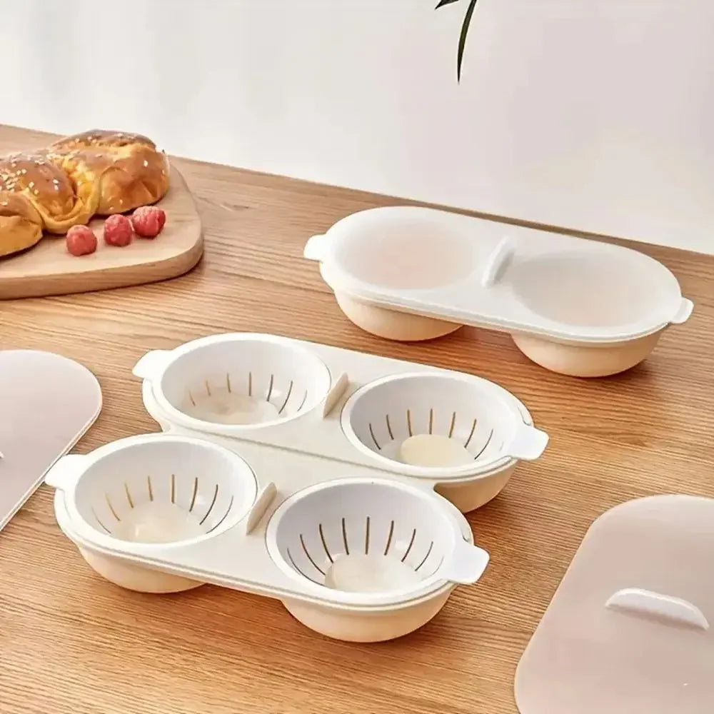 Set of white egg trays on a wooden surface with bread and fruits in the background