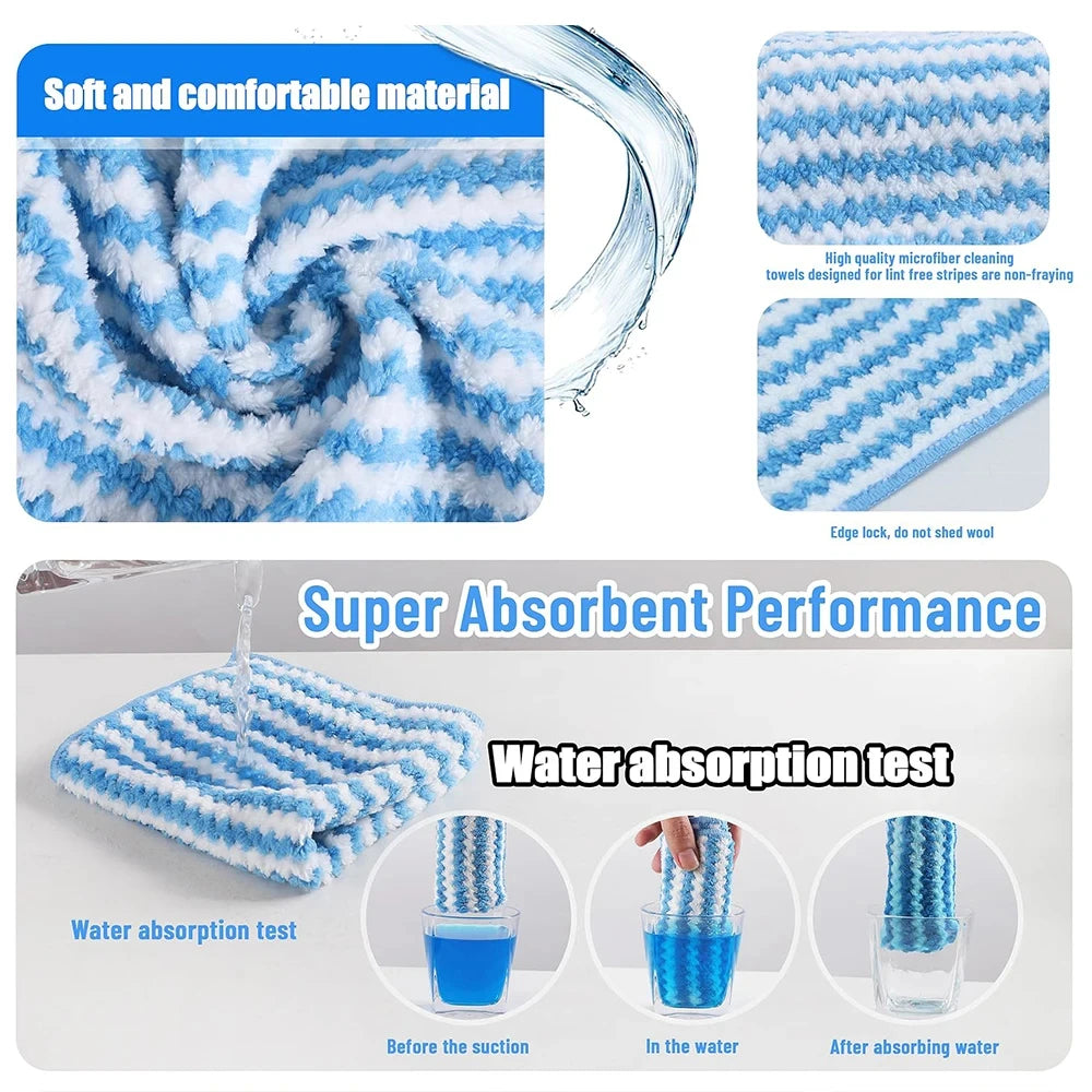 Blue and white striped towel with water absorption test demonstration on a gray background