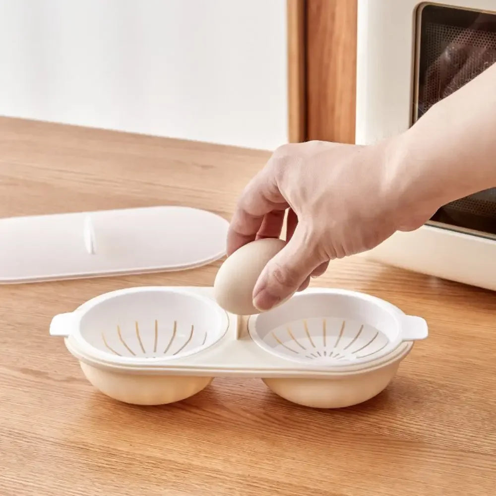 Person placing an egg into a white ceramic egg holder on a wooden surface.