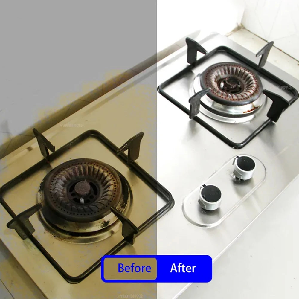 Before and after comparison of a gas stove cleaning process.